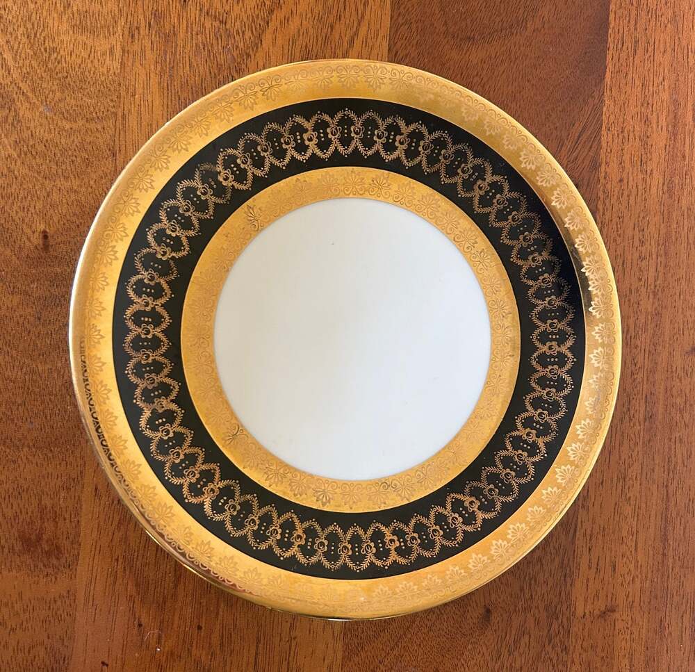 Mid-Century Black White Porcelain Dessert Plate Gold Filigree 7.5”